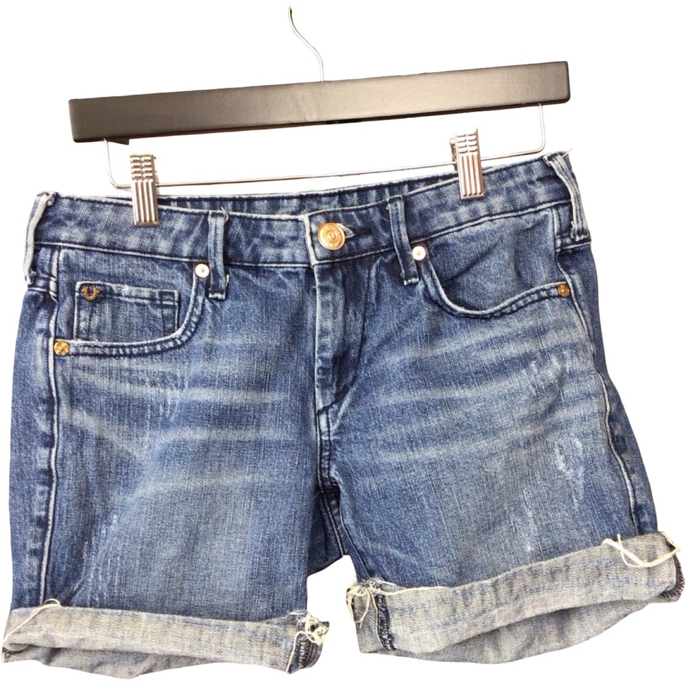 True Religion‎ Emma Bermuda Distressed Blue Denim Shorts size 25”